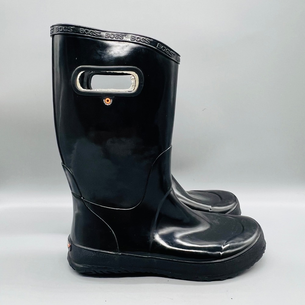 Bogs Boots Youth 6 Black Rubber Patent Waterproof Tall Pull On Handle Rain Shoes